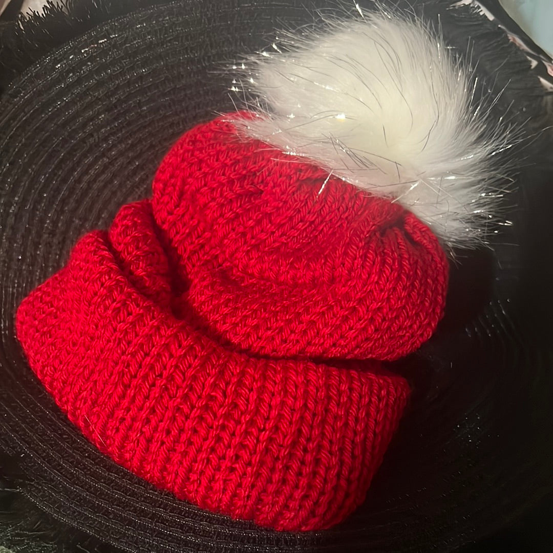 Red beanie with sparkly pompom