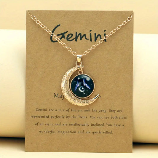 Gemini Zodiac Necklace Retro Moon Pendant Card