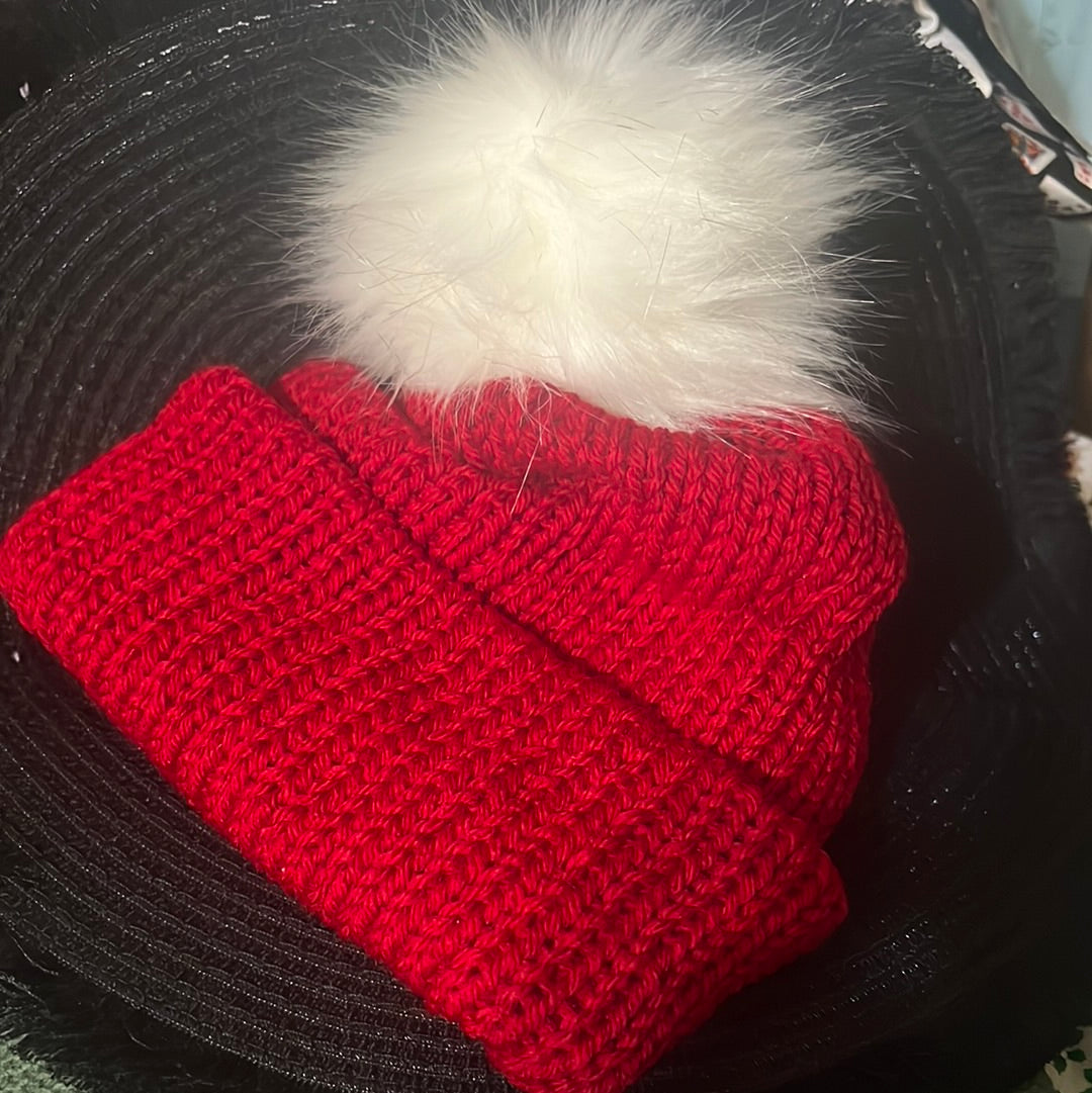 Red beanie with pompom