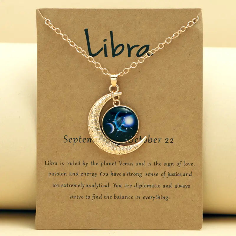 Libra Zodiac Necklace Retro Moon Pendant Card