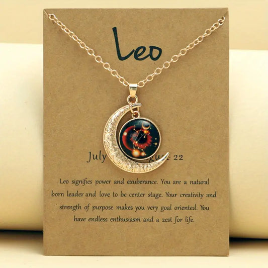 Leo Zodiac Necklace Retro Moon Pendant Card