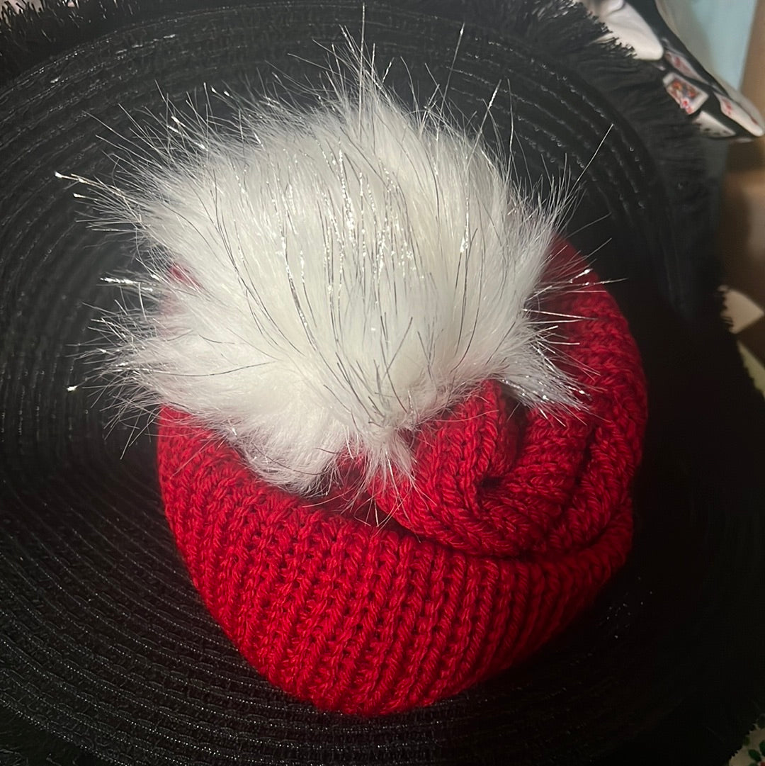 Red beanie with sparkly pompom