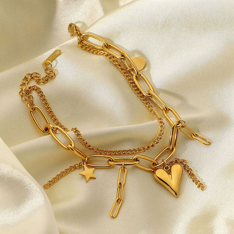 Paperclip Chain Star Heart Layered Bracelet