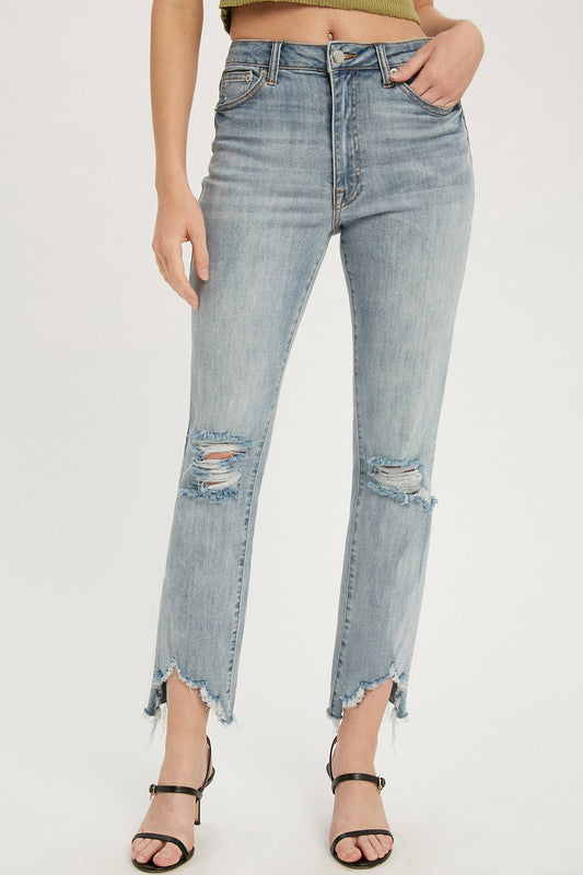 PANTS FRAYED RAW CUT HIGH RISE JEANS